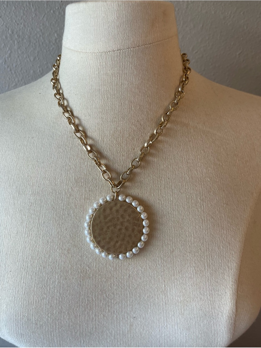 Chico's Gold-Tone Hammered Medallion Necklace with White Pearls